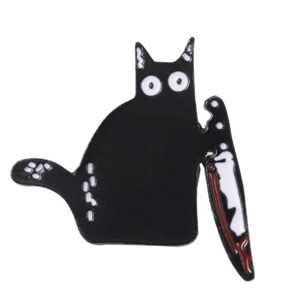 Black Cat with Bloody Knife Enamel Lapel Pin